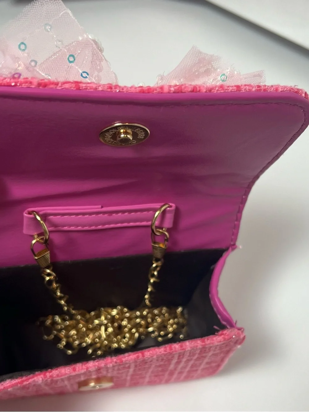 NWOT Girls Pink Tweed Pearl Handle Bow Mini Crossbody Purse